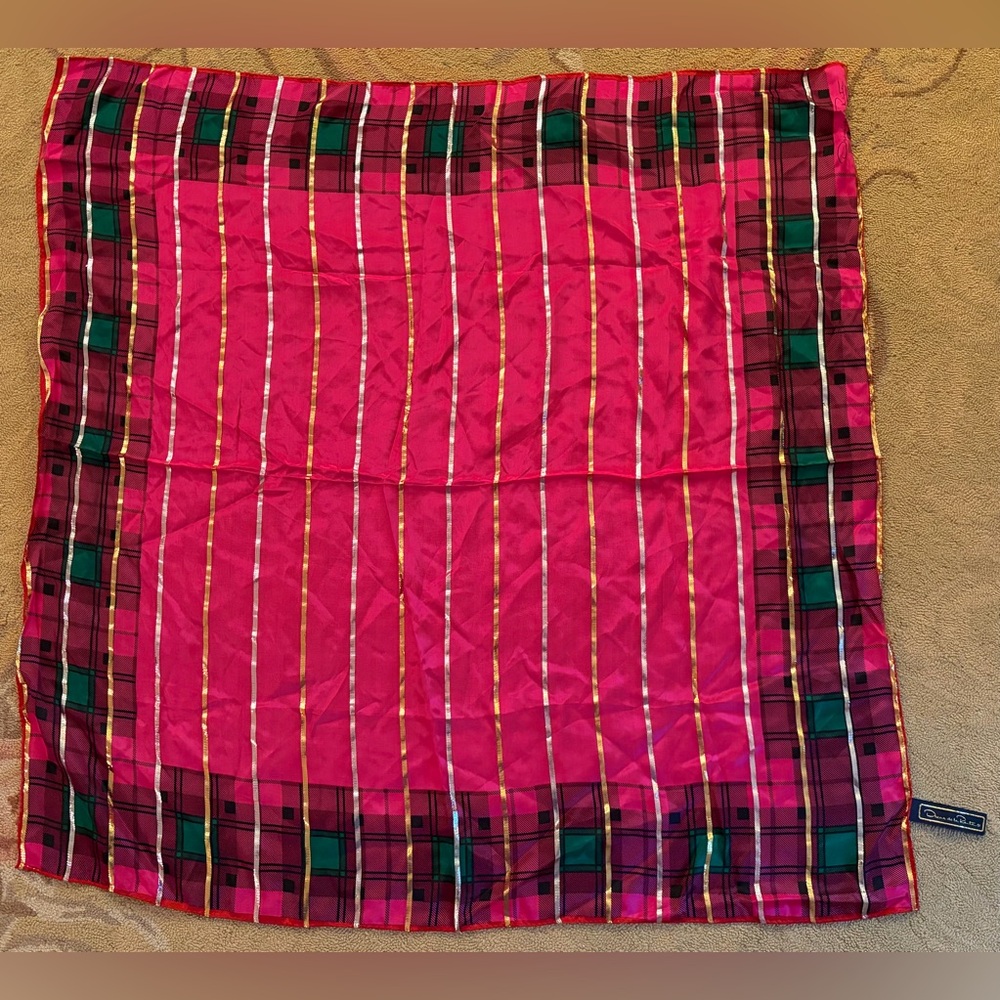 Vintage Oscar de la Renta Pink Silk Metallic Plaid Square Scarf 30x30